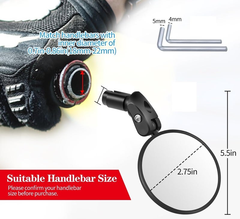 Ruby Q Handlebar Bike Mirrors, 1pcs HD Bicycle Rearview Mirror, Adjustable Handlebar Mounted Convex Mirror with Allen Wrench, for Mountain Road Bikes - Image 2